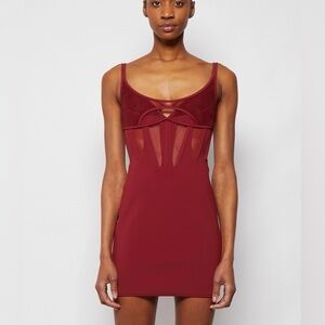 $3118 NWT MUGLER SHEER PANEL MINI DRESS MERLOT